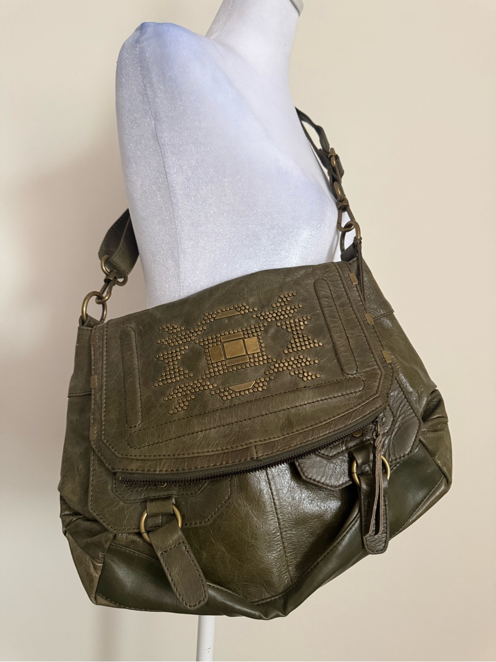 The Sak Olive Green Studded Flap Shoulder Bag